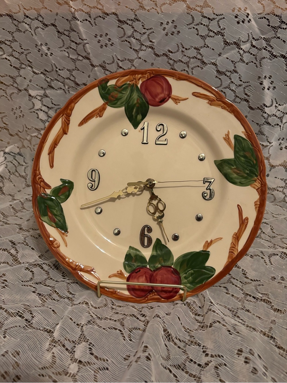 Hand-Painted Peach Ceramic Wall Clock in Cream and Green